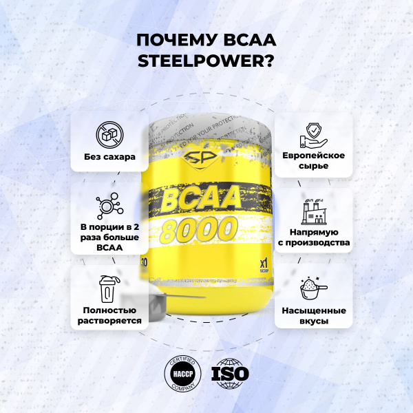 Аминокислоты STEELPOWER BCAA 8000, 300 гр, Энергетик